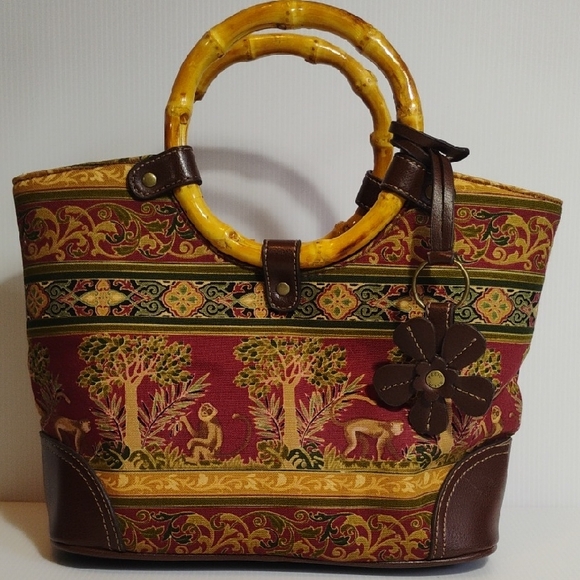 Relic Handbags - Relic Vintage Monkey Tapestry Bamboo Wood Handles Crossbody